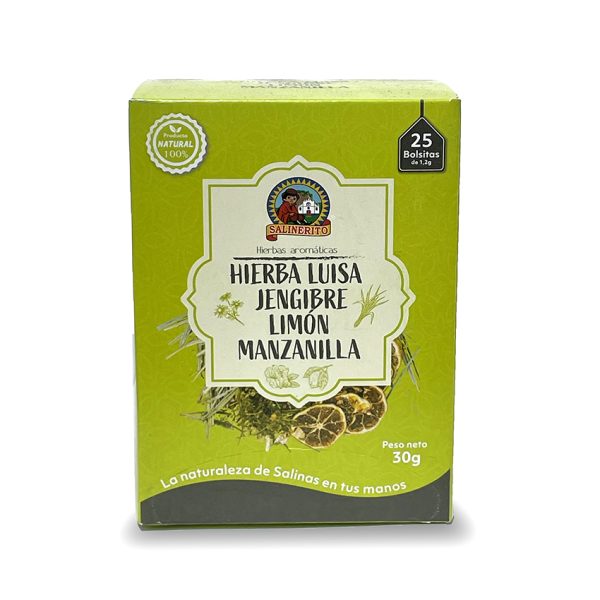 La mezcla ideal de hierbas para obtener una un deliciosa bebida revitalizante con propiedades y beneficios curativos para la salud que incluye Hierba Luisa, Limón, Jengibre y Manzanilla .